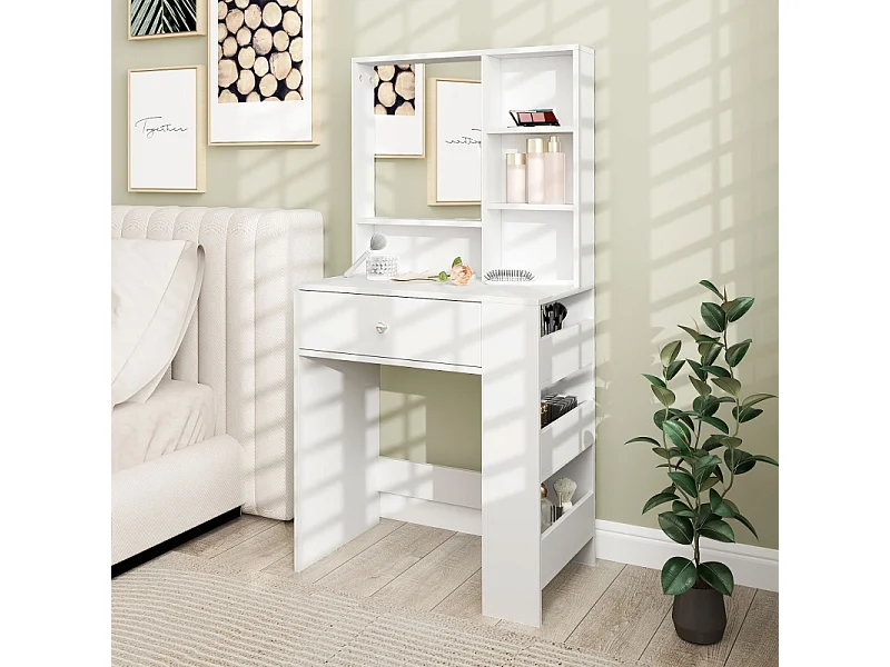 Coiffeuse avec miroir, 1 tiroir et 3 étagères, bois aggloméré, blanc (70x40x137 cm)
