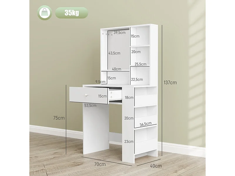 Coiffeuse avec miroir, 1 tiroir et 3 étagères, bois aggloméré, blanc (70x40x137 cm)