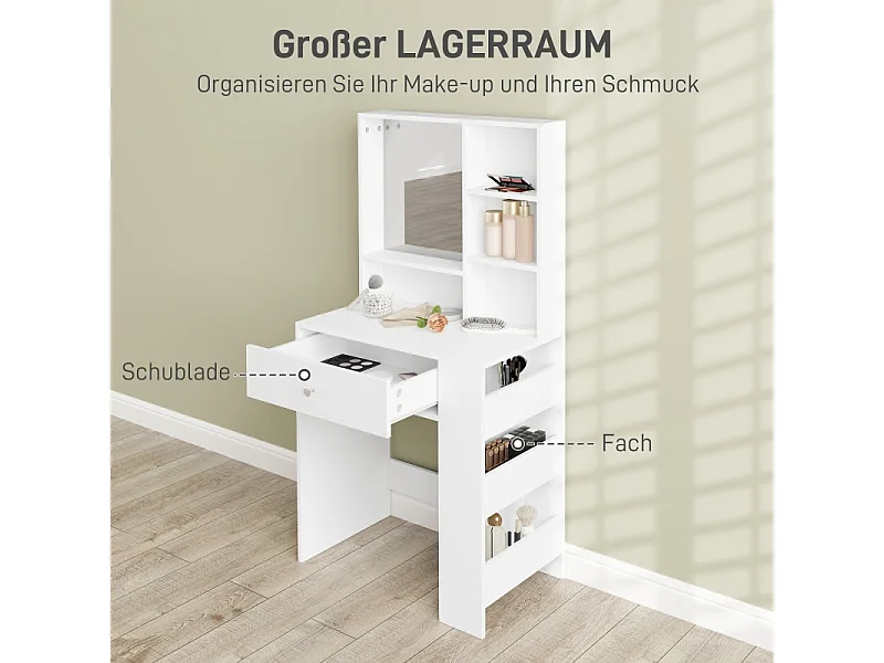 Coiffeuse avec miroir, 1 tiroir et 3 étagères, bois aggloméré, blanc (70x40x137 cm)