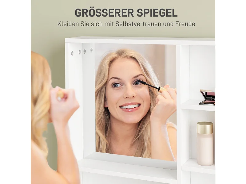 Coiffeuse avec miroir, 1 tiroir et 3 étagères, bois aggloméré, blanc (70x40x137 cm)