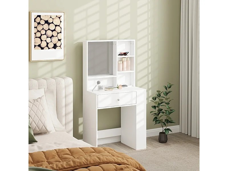 Coiffeuse avec miroir, 1 tiroir et 3 étagères, bois aggloméré, blanc (70x40x137 cm)