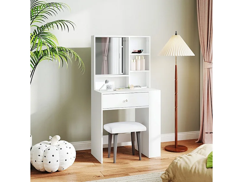 Coiffeuse avec miroir, 1 tiroir et 3 étagères, bois aggloméré, blanc (70x40x137 cm)