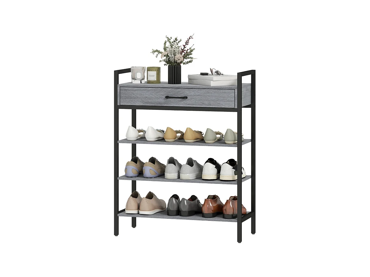 Meuble à chaussures avec 4 étagères, métal et bois, 6 paires de chaussures, gris, (70x30x87.6 cm)
