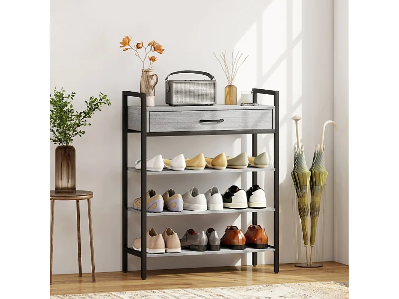 Meuble à chaussures avec 4 étagères, métal et bois, 6 paires de chaussures, gris, (70x30x87.6 cm)