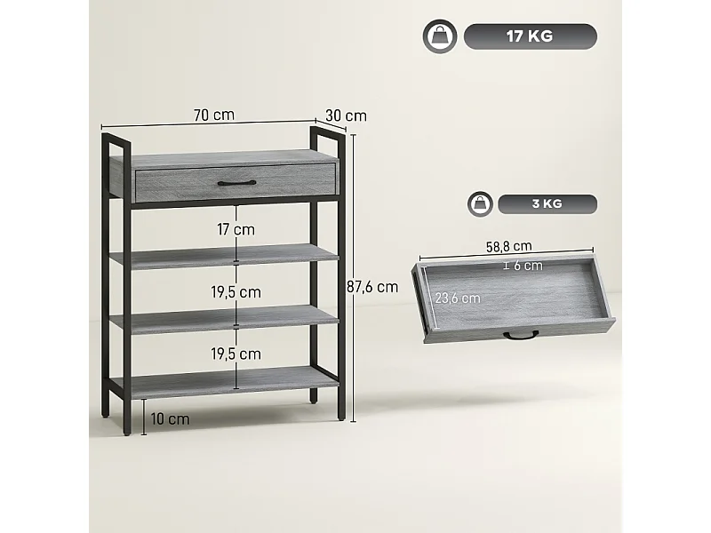 Meuble à chaussures avec 4 étagères, métal et bois, 6 paires de chaussures, gris, (70x30x87.6 cm)