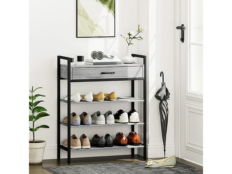 Meuble à chaussures avec 4 étagères, métal et bois, 6 paires de chaussures, gris, (70x30x87.6 cm)