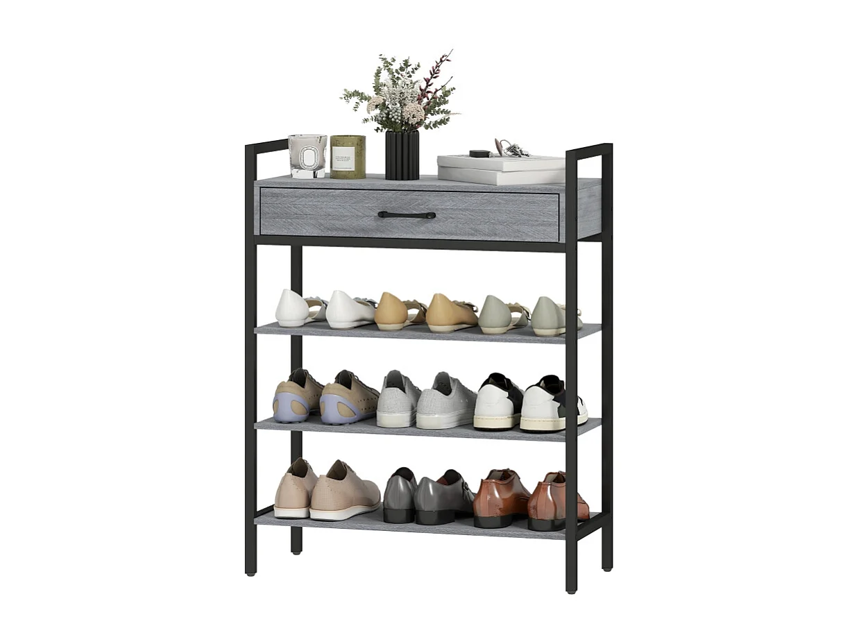 Meuble à chaussures avec 4 étagères, métal et bois, 6 paires de chaussures, gris, (70x30x87.6 cm)