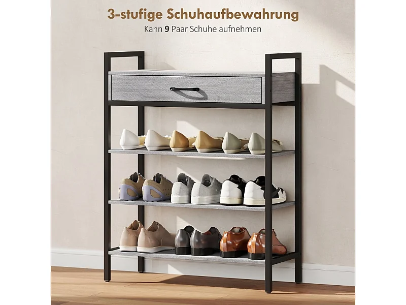 Meuble à chaussures avec 4 étagères, métal et bois, 6 paires de chaussures, gris, (70x30x87.6 cm)