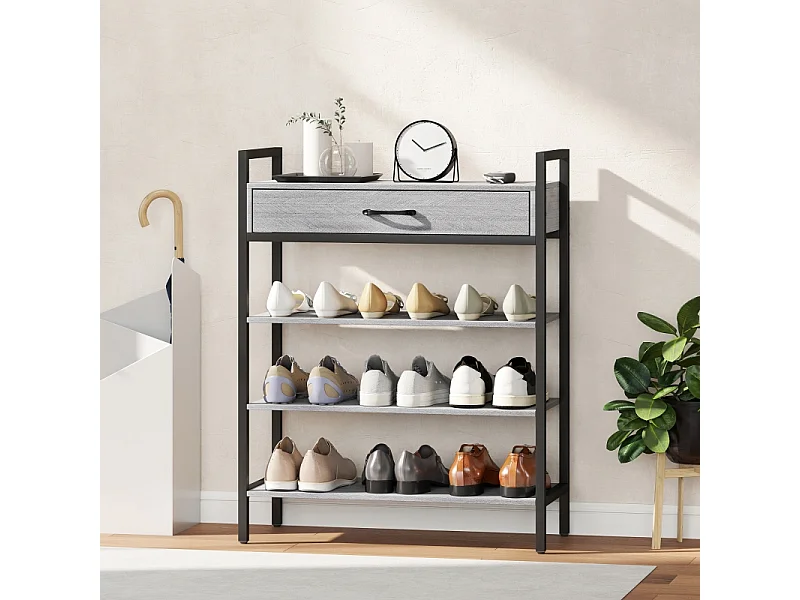 Meuble à chaussures avec 4 étagères, métal et bois, 6 paires de chaussures, gris, (70x30x87.6 cm)