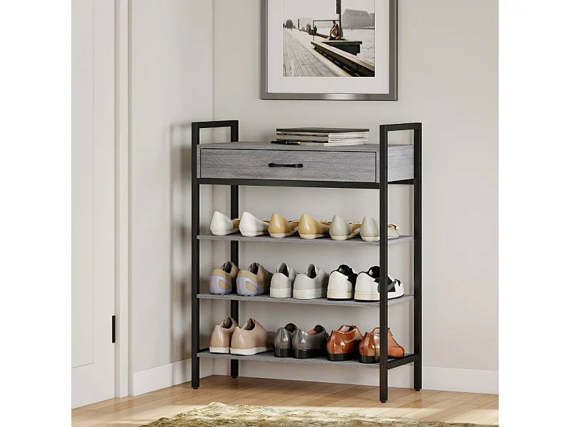 Meuble à chaussures avec 4 étagères, métal et bois, 6 paires de chaussures, gris, (70x30x87.6 cm)
