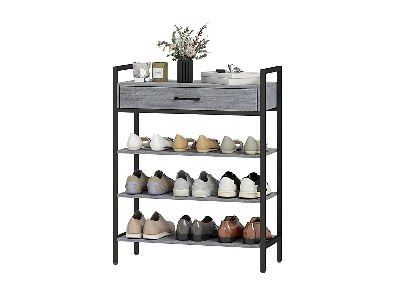 Meuble à chaussures avec 4 étagères, métal et bois, 6 paires de chaussures, gris, (70x30x87.6 cm)