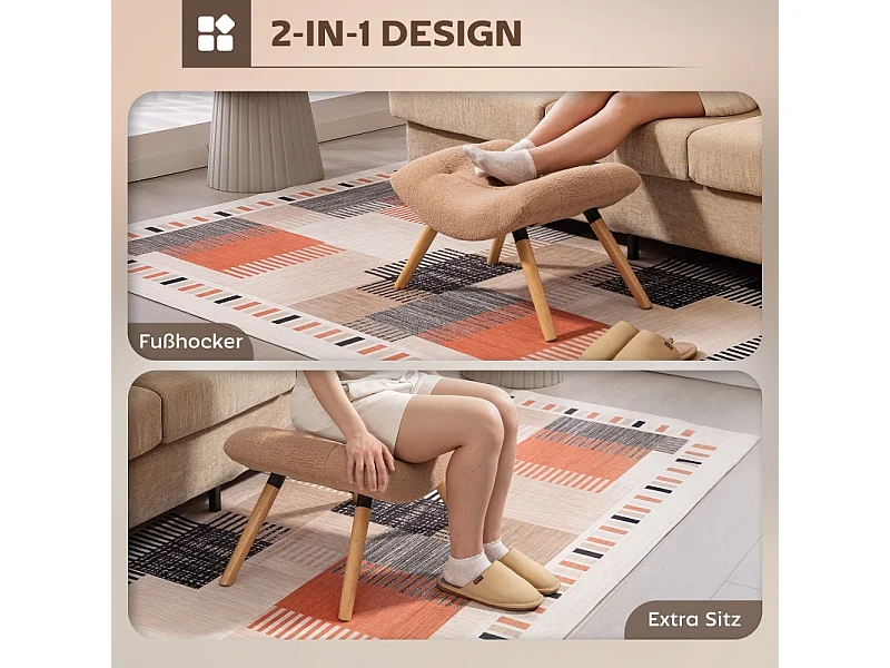 Pouf moderne avec pieds en bois, tissu en fleece, multifonction, brun (67x45x38 cm)