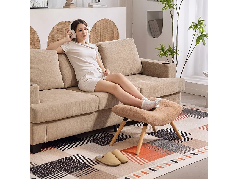 Pouf moderno con gambe in legno, tessuto pile, multifunzionale, marrone (67x45x38 cm)