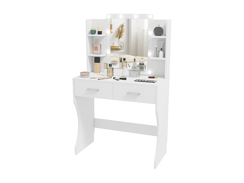 Coiffeuse avec miroir et éclairage LED réglable, 2 tiroirs et étagères, bois aggloméré, blanc (80x40x132 cm)