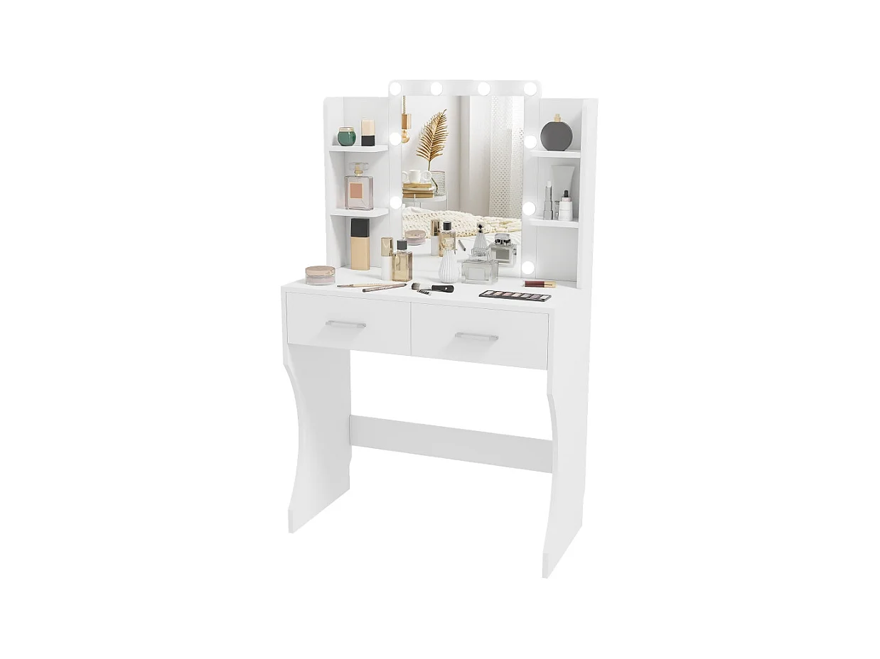 Coiffeuse avec miroir et éclairage LED réglable, 2 tiroirs et étagères, bois aggloméré, blanc (80x40x132 cm)