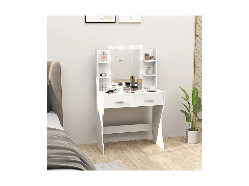 Coiffeuse avec miroir et éclairage LED réglable, 2 tiroirs et étagères, bois aggloméré, blanc (80x40x132 cm)