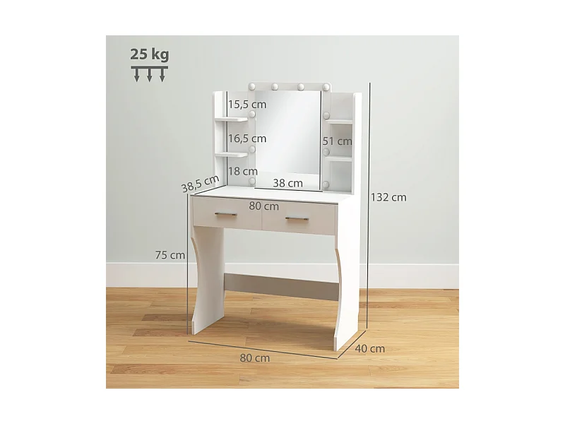 Coiffeuse avec miroir et éclairage LED réglable, 2 tiroirs et étagères, bois aggloméré, blanc (80x40x132 cm)