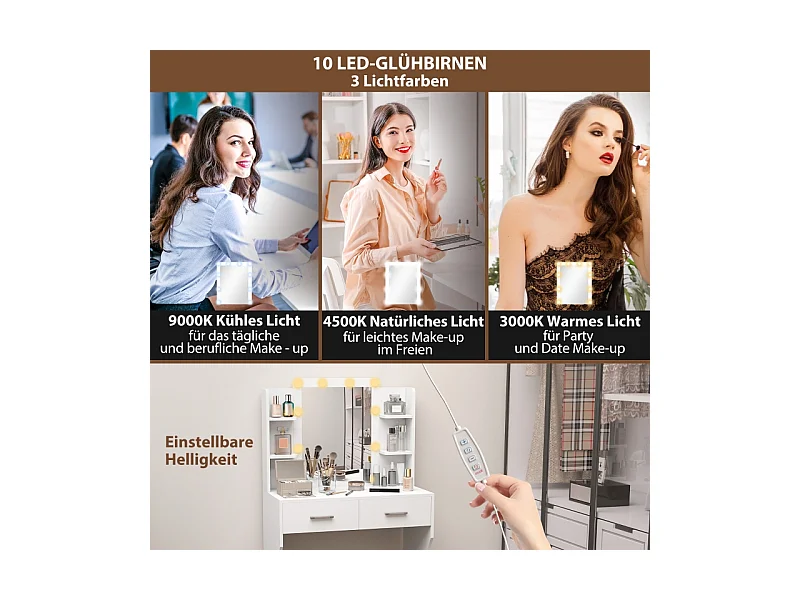 Coiffeuse avec miroir et éclairage LED réglable, 2 tiroirs et étagères, bois aggloméré, blanc (80x40x132 cm)