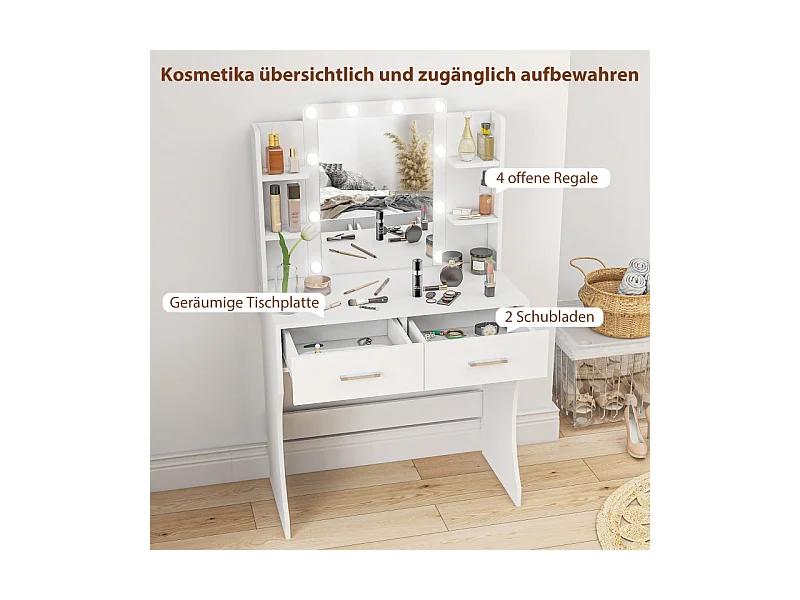 Coiffeuse avec miroir et éclairage LED réglable, 2 tiroirs et étagères, bois aggloméré, blanc (80x40x132 cm)