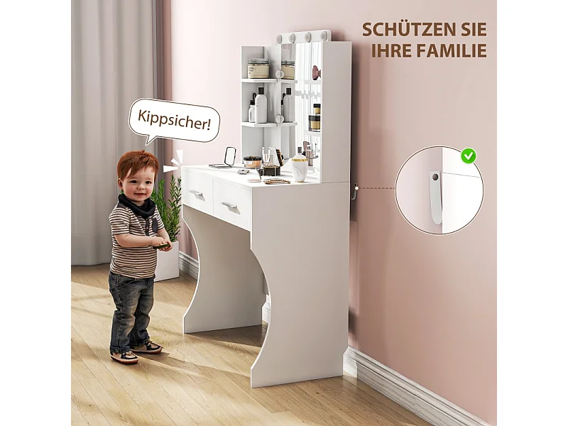 Coiffeuse avec miroir et éclairage LED réglable, 2 tiroirs et étagères, bois aggloméré, blanc (80x40x132 cm)