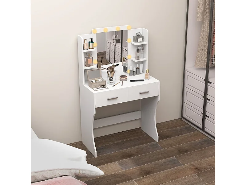 Coiffeuse avec miroir et éclairage LED réglable, 2 tiroirs et étagères, bois aggloméré, blanc (80x40x132 cm)