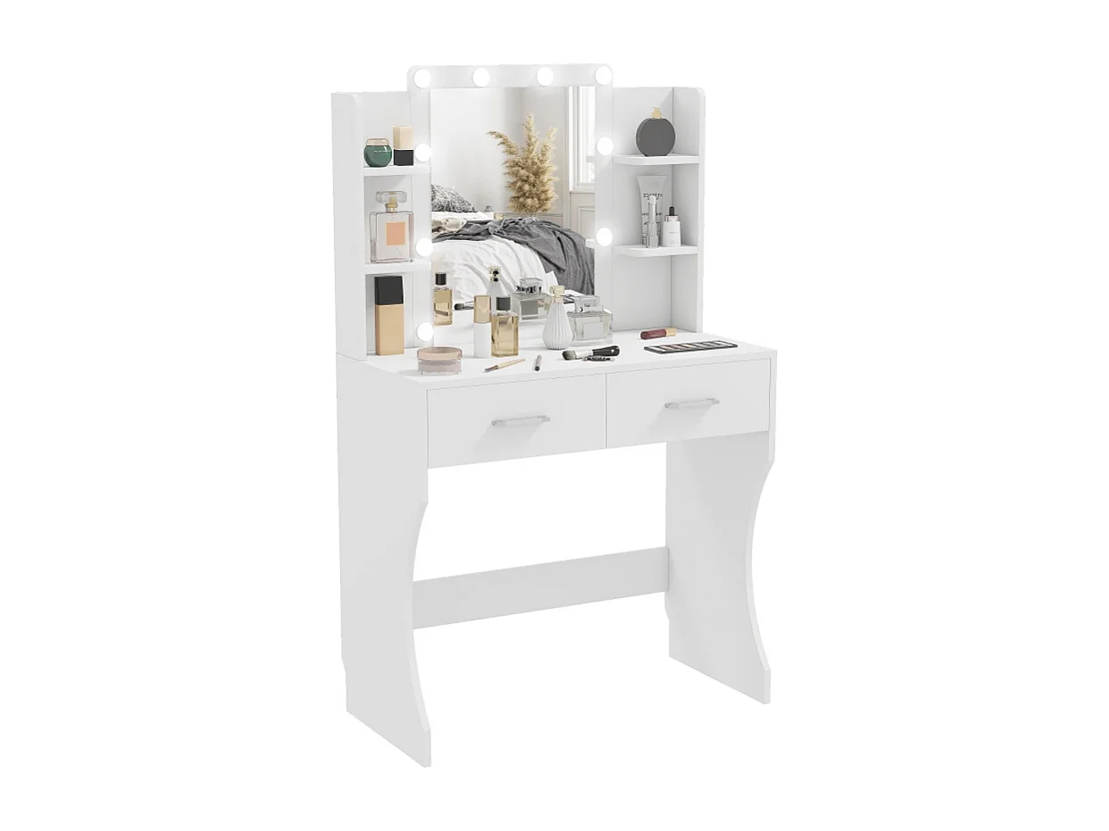 Coiffeuse avec miroir et éclairage LED réglable, 2 tiroirs et étagères, bois aggloméré, blanc (80x40x132 cm)