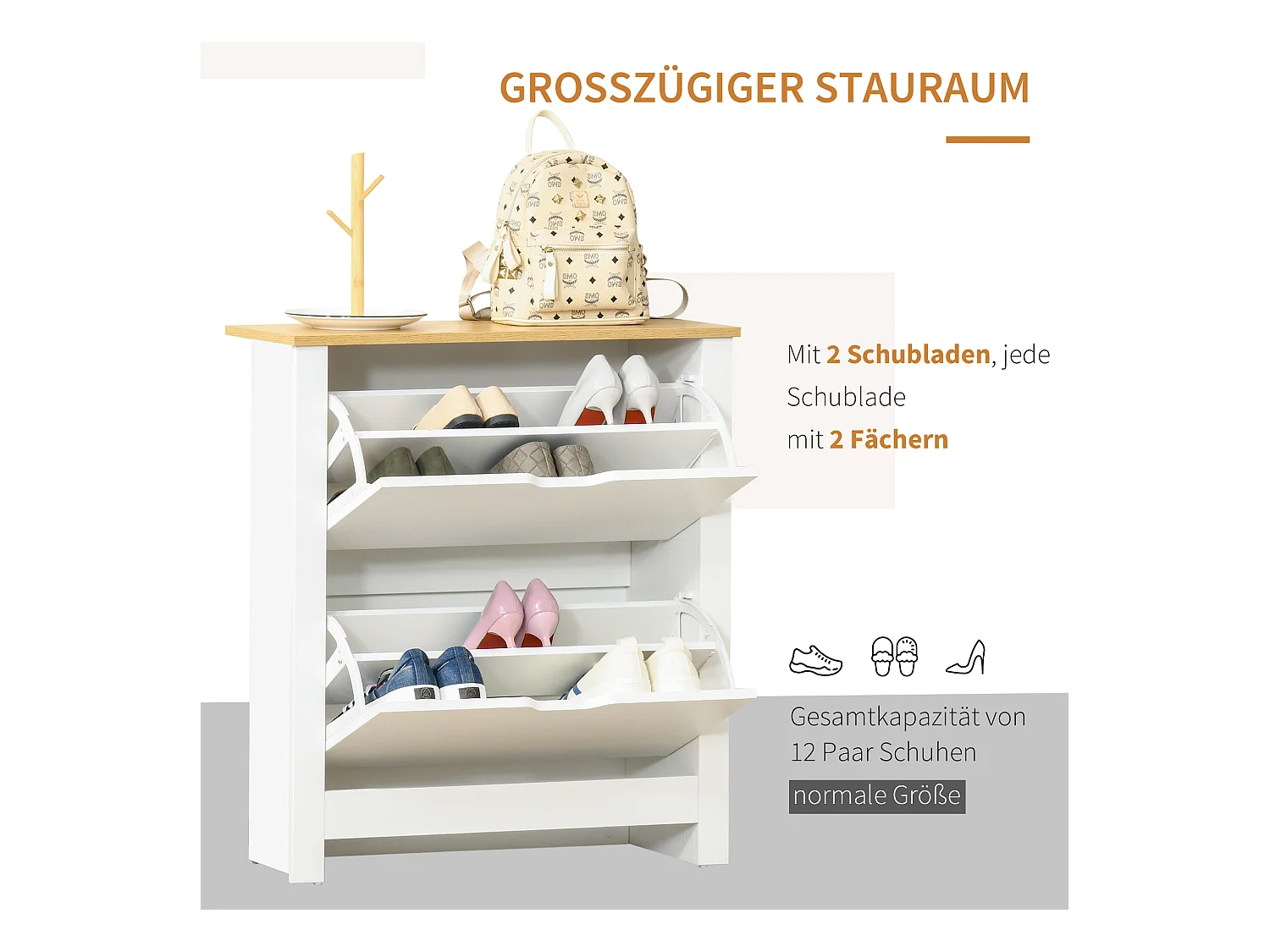 Meuble à chaussures avec 2 tiroirs, capacité 12 paires, bois MDF, blanc et naturel (72x26x80 cm)