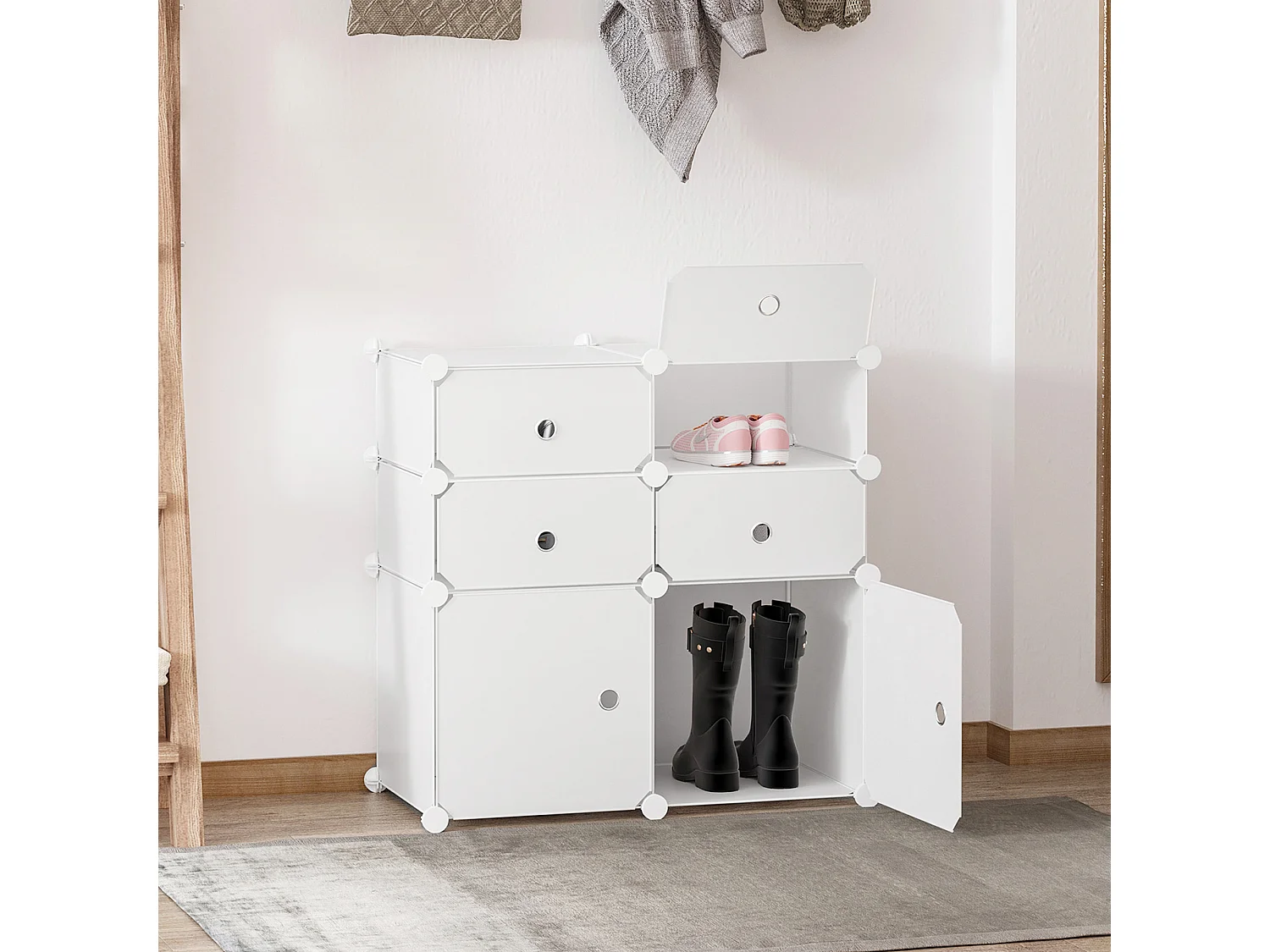 Meuble à chaussures avec 6 compartiments modulables, PP et métal, blanc, (75x37x73 cm)