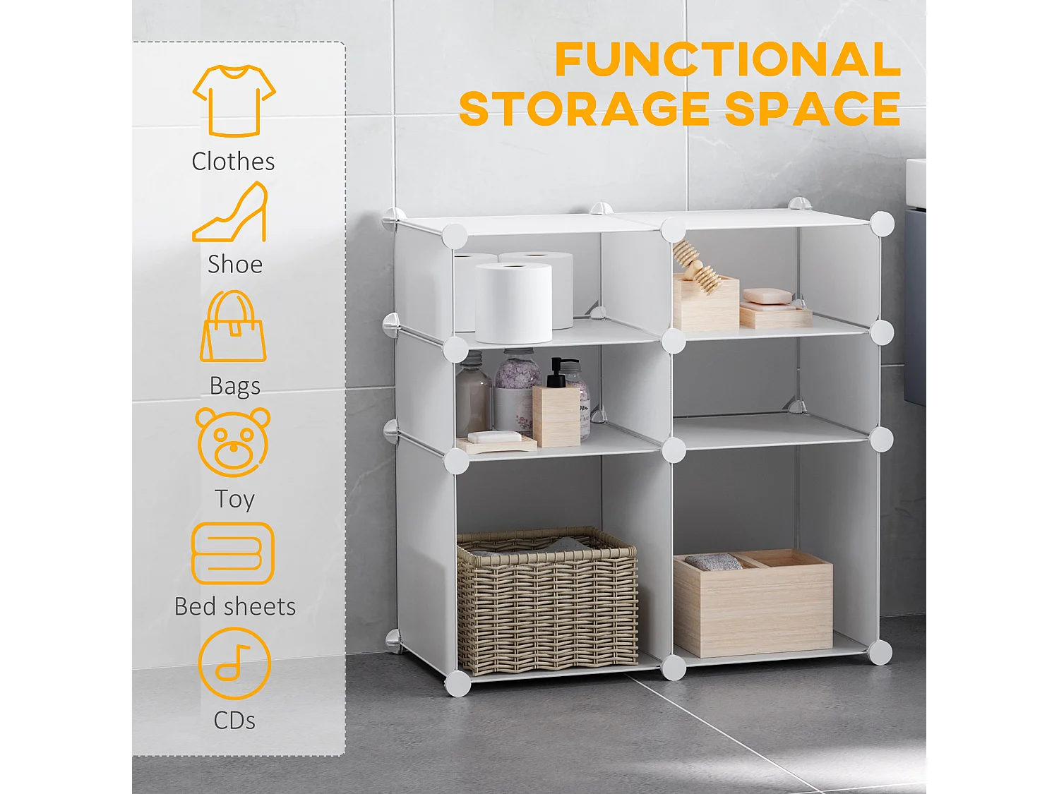 Scarpiera con 6 scomparti modulari, PP e metallo, bianco, (75x37x73 cm)