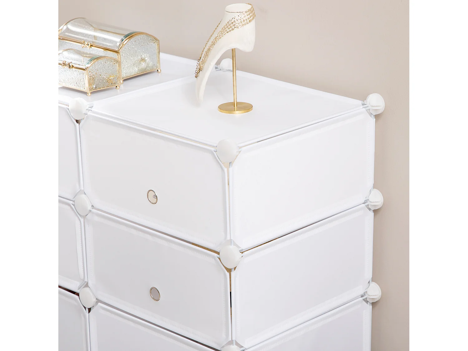 Scarpiera con 6 scomparti modulari, PP e metallo, bianco, (75x37x73 cm)