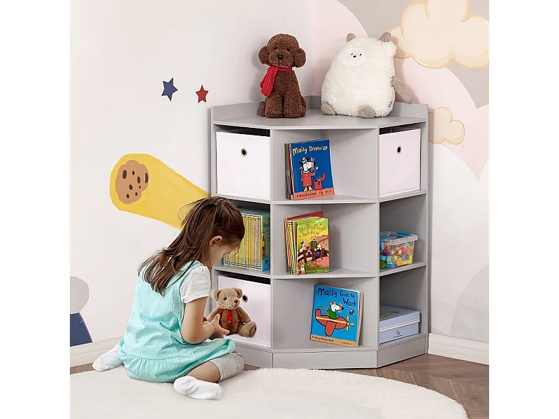 Bibliothèque enfant d'angle avec 3 boîtes de rangement, étagères et tiroir, en MDF, gris (57.4x57.4x94 cm)