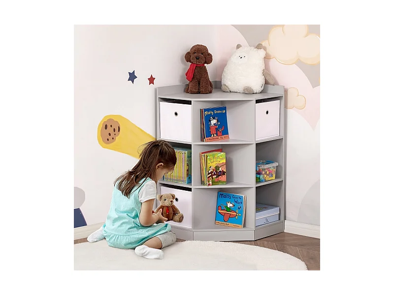 Bibliothèque enfant d'angle avec 3 boîtes de rangement, étagères et tiroir, en MDF, gris (57.4x57.4x94 cm)