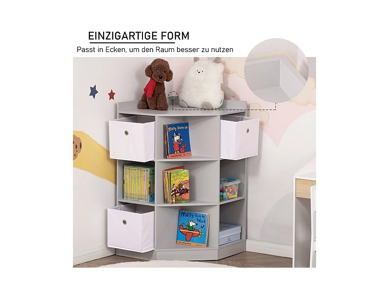 Bibliothèque enfant d'angle avec 3 boîtes de rangement, étagères et tiroir, en MDF, gris (57.4x57.4x94 cm)
