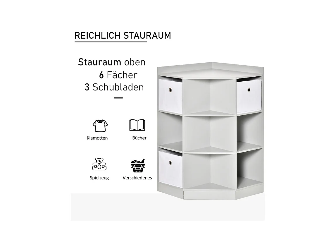 Bibliothèque enfant d'angle avec 3 boîtes de rangement, étagères et tiroir, en MDF, gris (57.4x57.4x94 cm)