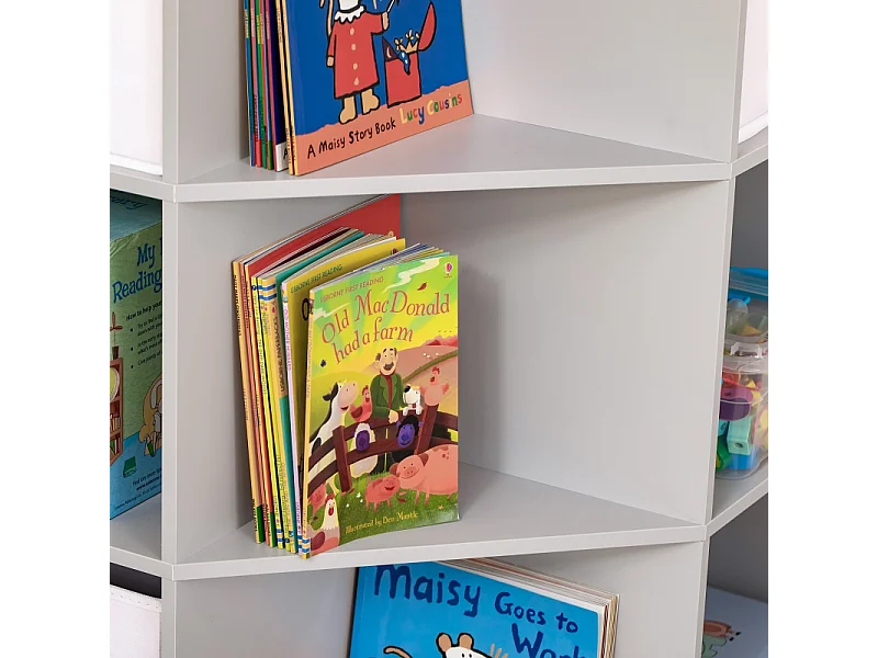 Bibliothèque enfant d'angle avec 3 boîtes de rangement, étagères et tiroir, en MDF, gris (57.4x57.4x94 cm)