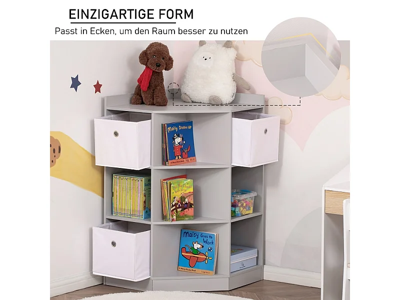 Bibliothèque enfant d'angle avec 3 boîtes de rangement, étagères et tiroir, en MDF, gris (57.4x57.4x94 cm)