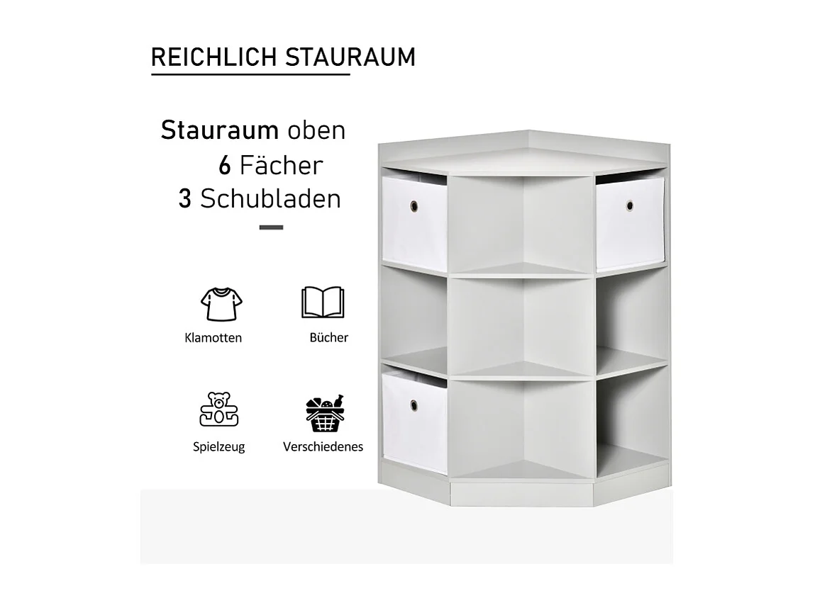 Bibliothèque enfant d'angle avec 3 boîtes de rangement, étagères et tiroir, en MDF, gris (57.4x57.4x94 cm)