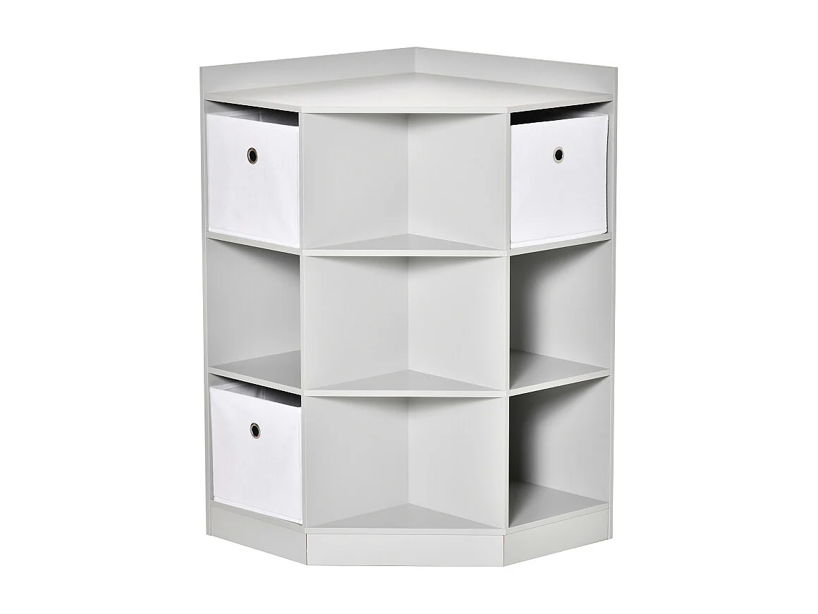 Bibliothèque enfant d'angle avec 3 boîtes de rangement, étagères et tiroir, en MDF, gris (57.4x57.4x94 cm)