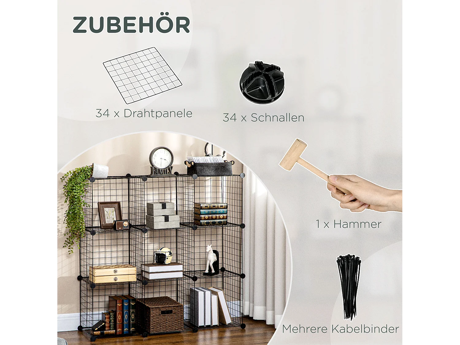 Bibliothèque modulaire en métal, 9 compartiments, noir (109x37x109 cm)