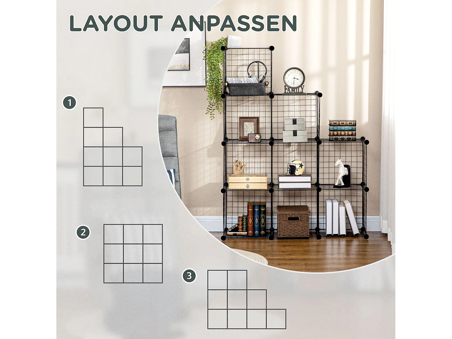 Libreria modulare in metallo, 9 scomparti, nera (109x37x109 cm)