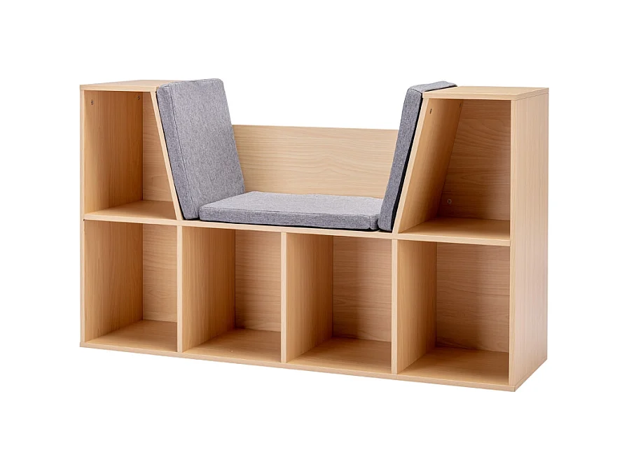 Bibliothèque enfant avec banc et 6 compartiments, en MDF, gris et naturel (103x30x62 cm)