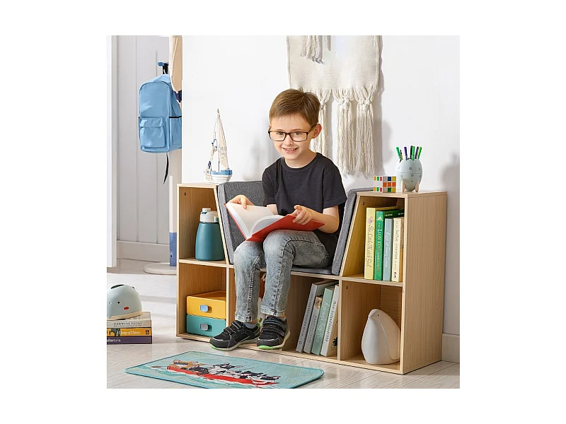 Bibliothèque enfant avec banc et 6 compartiments, en MDF, gris et naturel (103x30x62 cm)