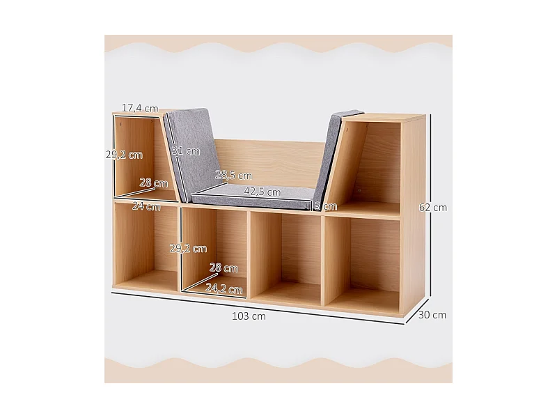 Bibliothèque enfant avec banc et 6 compartiments, en MDF, gris et naturel (103x30x62 cm)