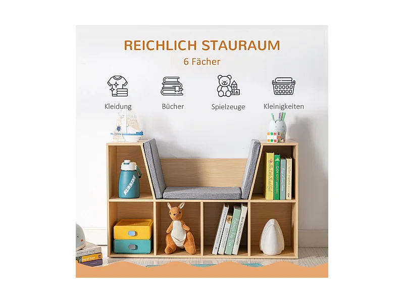 Bibliothèque enfant avec banc et 6 compartiments, en MDF, gris et naturel (103x30x62 cm)