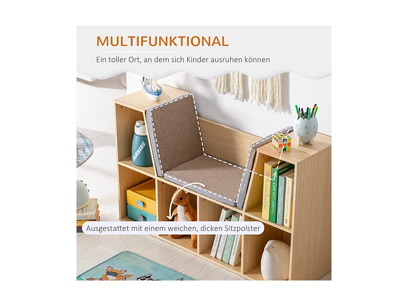 Bibliothèque enfant avec banc et 6 compartiments, en MDF, gris et naturel (103x30x62 cm)
