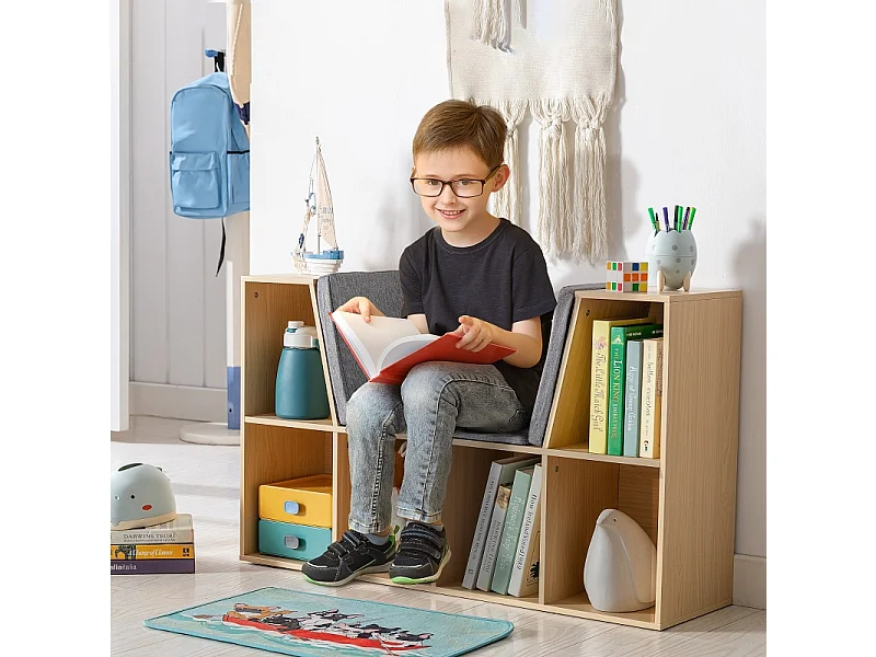 Libreria per bambini con panca e 6 scomparti, in MDF, grigio e naturale (103x30x62 cm)