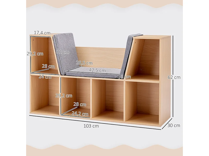 Libreria per bambini con panca e 6 scomparti, in MDF, grigio e naturale (103x30x62 cm)