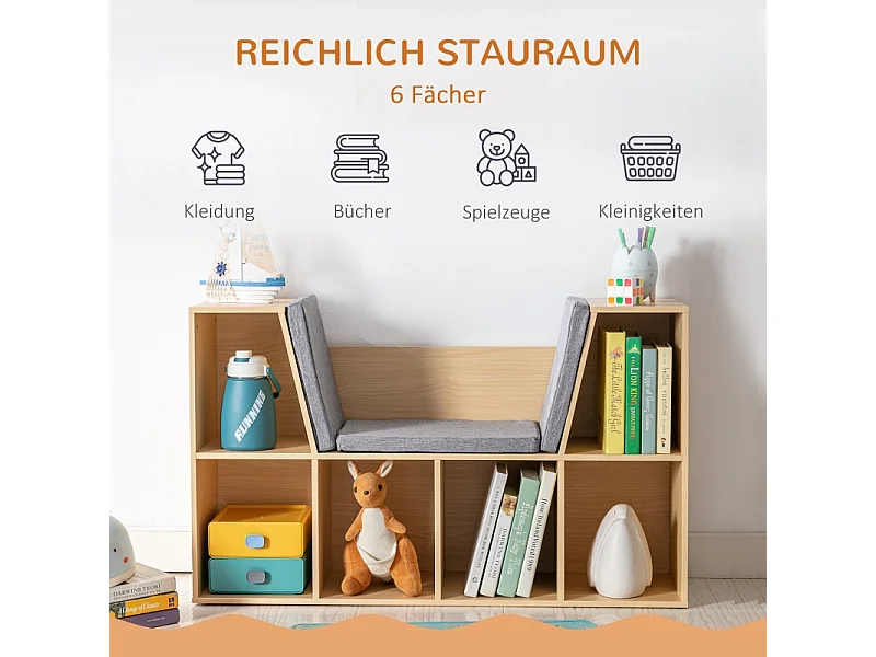 Libreria per bambini con panca e 6 scomparti, in MDF, grigio e naturale (103x30x62 cm)