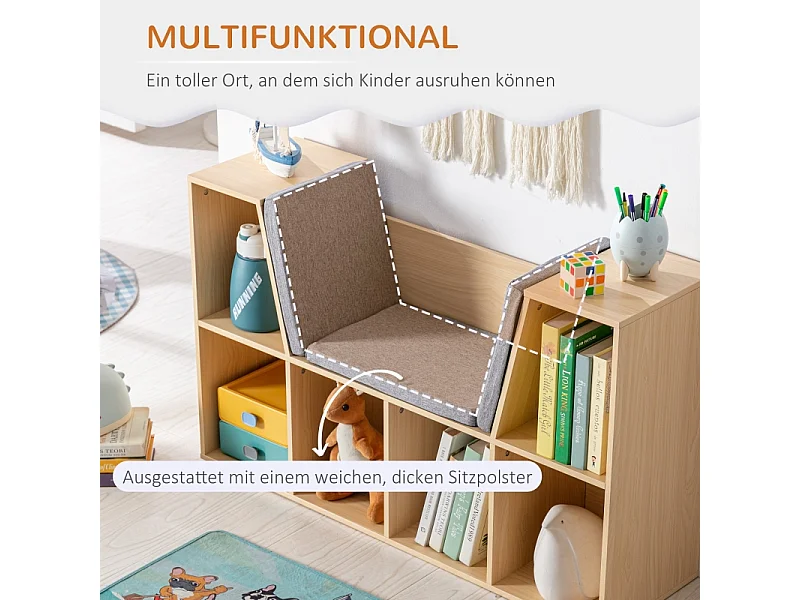 Libreria per bambini con panca e 6 scomparti, in MDF, grigio e naturale (103x30x62 cm)