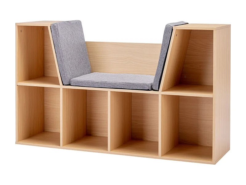 Libreria per bambini con panca e 6 scomparti, in MDF, grigio e naturale (103x30x62 cm)